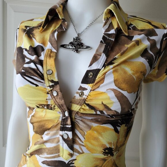 Cache Women's Y2k Yellow Short Sleeve Floral Print Blouse Sz Medium - Picture 7 of 8